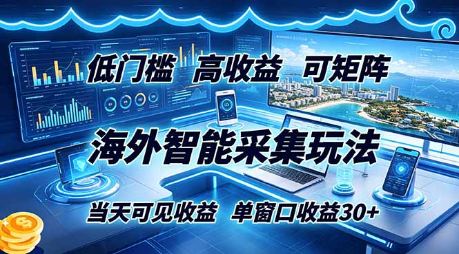 海外智能采集玩法,低门槛高单价可矩阵,当天可见收益,单窗口30+-91副业网