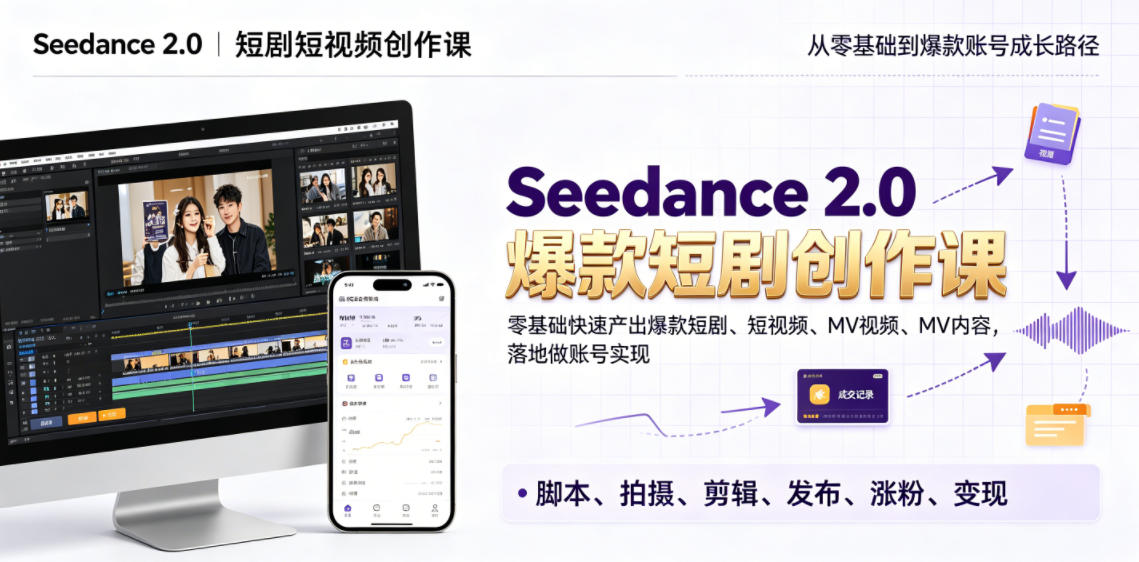 Seedance 2.0短剧短视频创作课,零基础快速产出爆款短剧、短视频、MV内容,落地做账号实现变现-91副业网