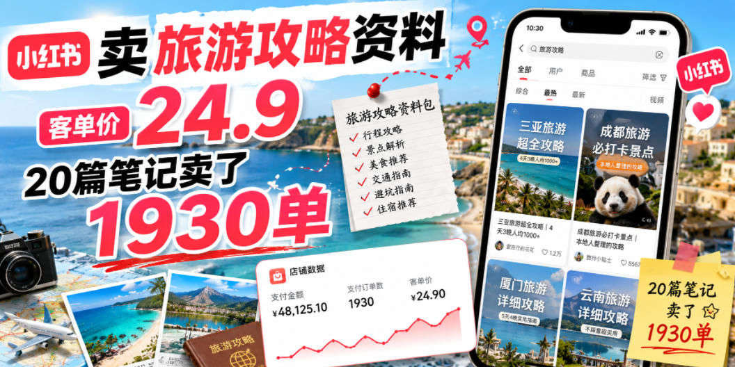 小红书卖旅游攻略资料，客单价24.9，20篇笔记卖了1930单！-91副业网