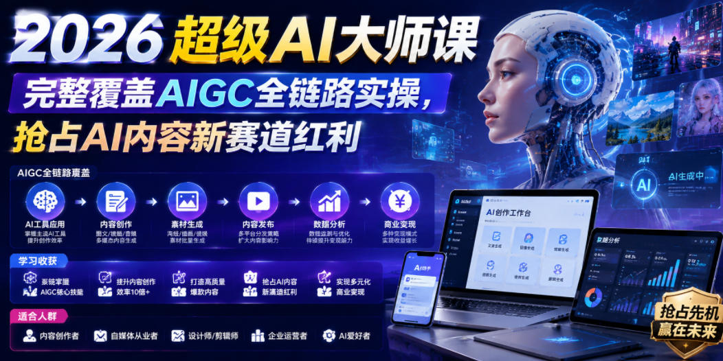 2026超级AI大师课，完整覆盖AIGC全链路实操，抢占AI内容新赛道红利-91副业网