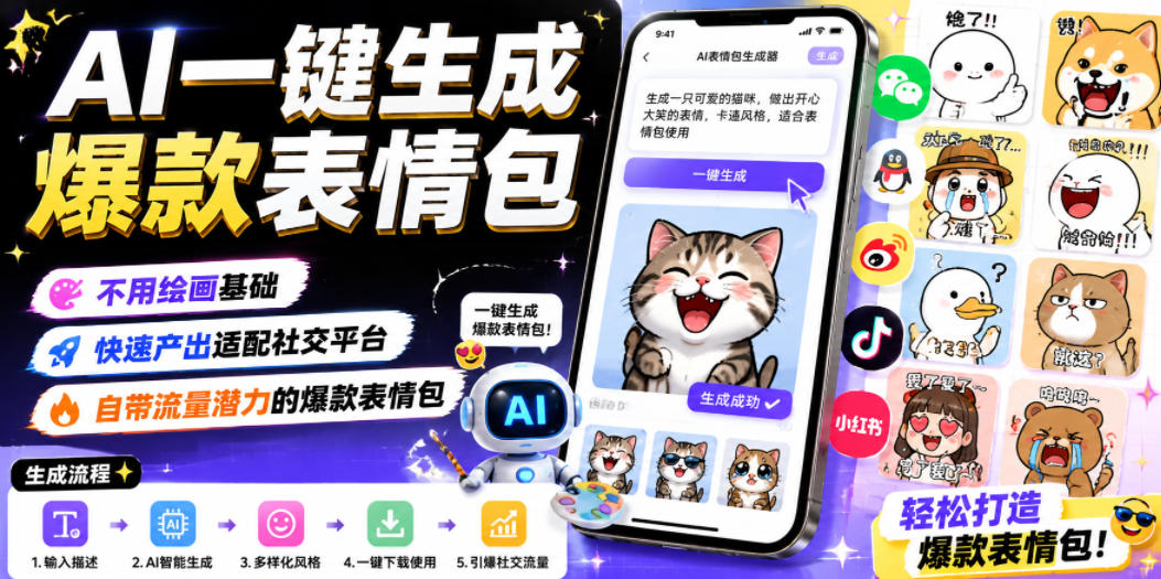 AI一键生成爆款表情包，不用绘画基础，快速产出适配社交平台，自带流量潜力的爆款表情包-91副业网