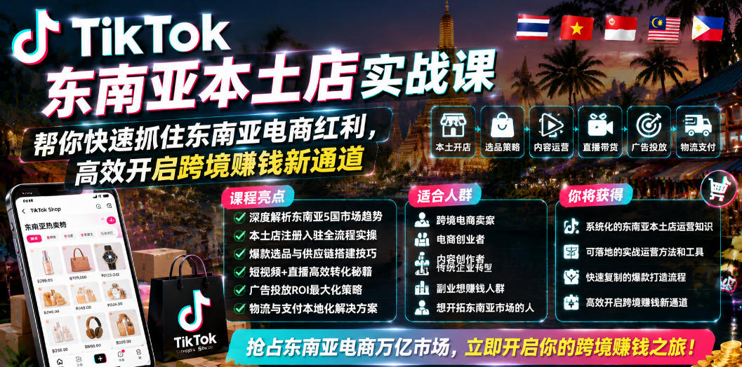TikTok东南亚本土店实战课,帮你快速抓住东南亚电商红利,高效开启跨境賺钱新通道-91副业网