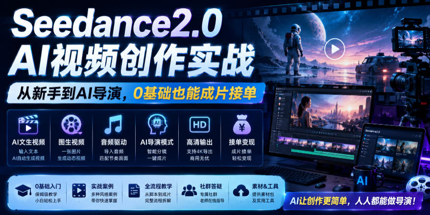 Seedance2.0 AI视频创作实战，从新手到AI导演，0基础也能成片接单变现-91副业网