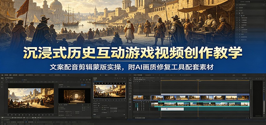 沉浸式历史互动游戏视频创作教学：文案配音剪辑蒙版实操，附AI画质修复工具配套素材-91副业网