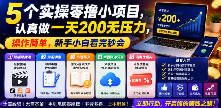 5个实操零撸小项目，认真做一天200无压力，操作简单，新手小白看完秒会【揭秘】-91副业网