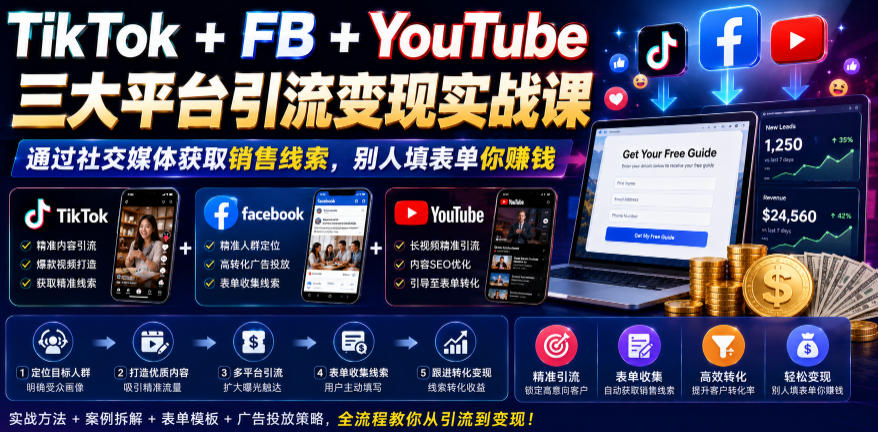TikTok+FB+YouTube三大平台引流变现实战课，通过社交媒体获取销售线索，别人填表单你賺钱【原创双语字幕】-91副业网