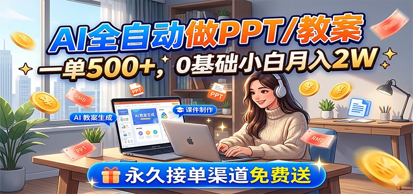 AI全自动做PPT/教案，一单500+，0基础小白月入2W，永久接单渠道免费送-91副业网