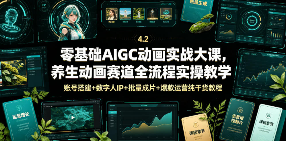 零基础AIGC动画实战大课，养生动画赛道全流程实操教学，账号搭建+数字人IP+批量成片+爆款运营纯干货教程-91副业网