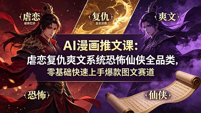 AI漫画推文课：虐恋复仇爽文系统恐怖仙侠全品类，零基础快速上手爆款图文赛道-91副业网