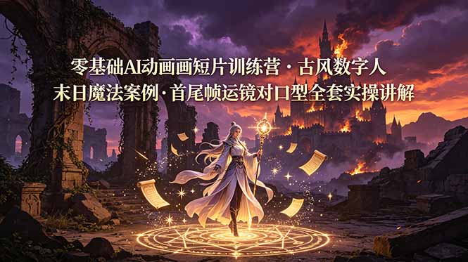 零基础AI动画短片训练营，古风数字人末日魔法案例，首尾帧运镜对口型全套实操讲解-91副业网