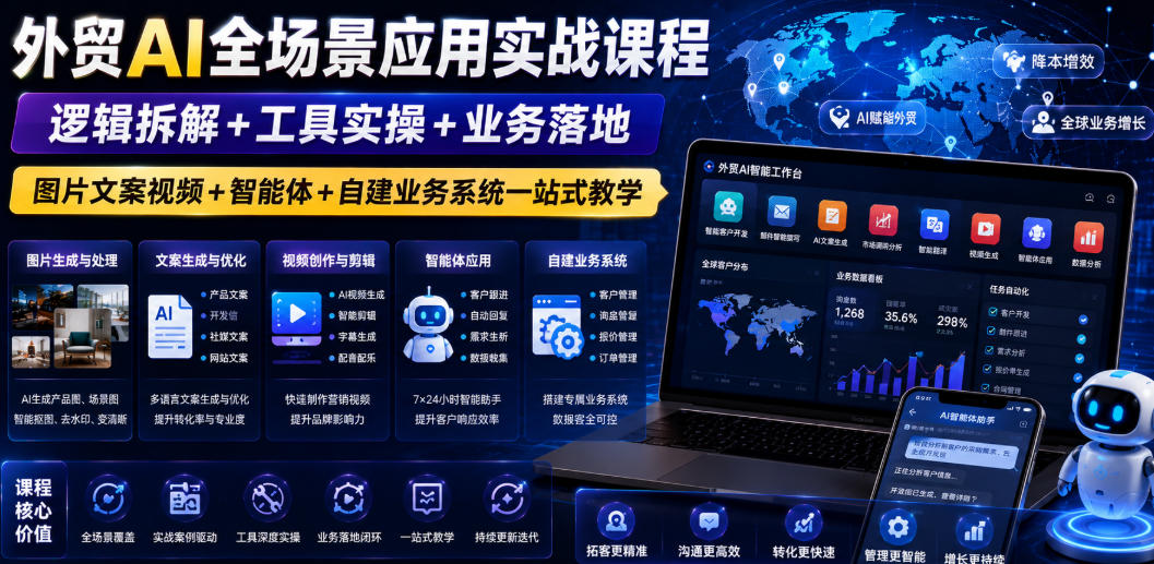 外贸AI全场景应用实战课程｜逻辑拆解+工具实操+业务落地，图片文案视频+智能体+自建业务系统一站式教学-91副业网