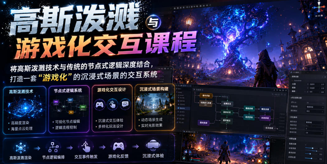 高斯泼溅与游戏化交互课程，将高斯泼溅技术与传统的节点式逻辑深度结合，打造一套“游戏化”的沉浸式场景的交互系统-91副业网