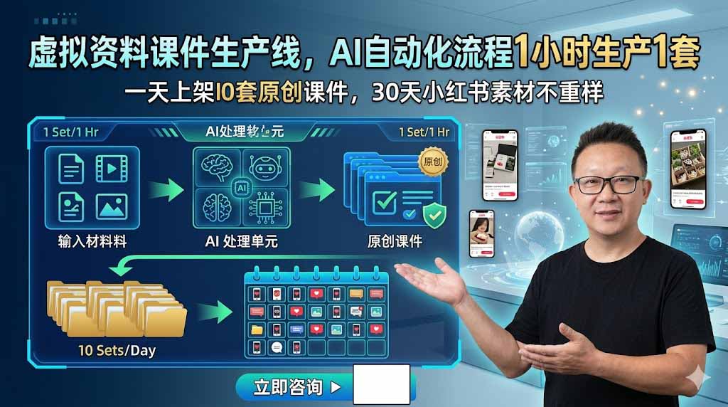 虚拟资料课件生产线，AI自动化流程1小时生产1套，一天上架10套原创课件，30天小红书素材不重样-91副业网