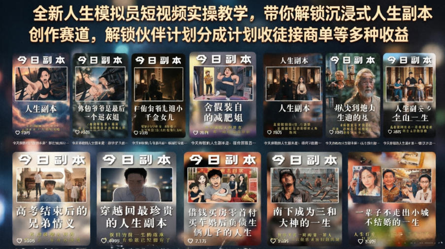 全新人生模拟员短视频实操教学，带你解锁沉浸式人生副本创作赛道，解锁伙伴计划分成计划收徒接商单等多种收益-91副业网