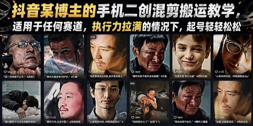 抖音某博主的手机二创混剪搬运教学，适用于任何赛道，执行力拉满的情况下，起号轻轻松松-91副业网