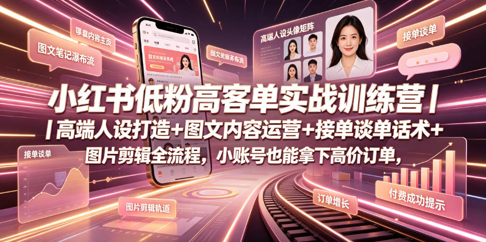 小红书低粉高客单实战训练营｜高端人设打造+图文内容运营+接单谈单话术+图片剪辑全流程，小账号也能拿下高价订单-91副业网