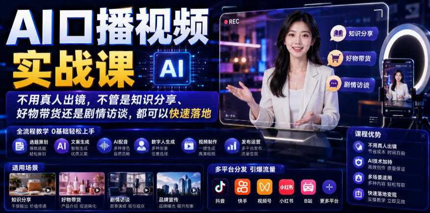 AI口播视频实战课，不用真人出镜，不管是知识分享、好物带货还是剧情访谈，都可以快速落地-91副业网