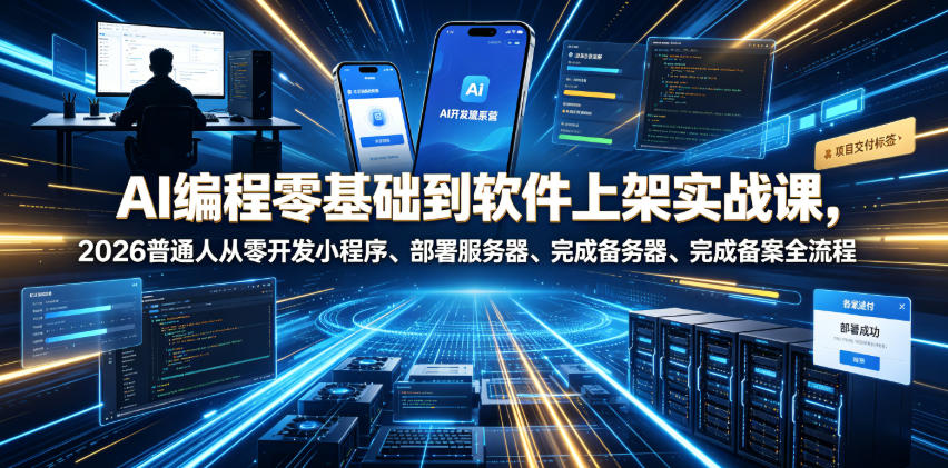 AI编程零基础到软件上架实战课，2026普通人从零开发小程序、部署服务器、完成备案全流程项目落地教程-91副业网