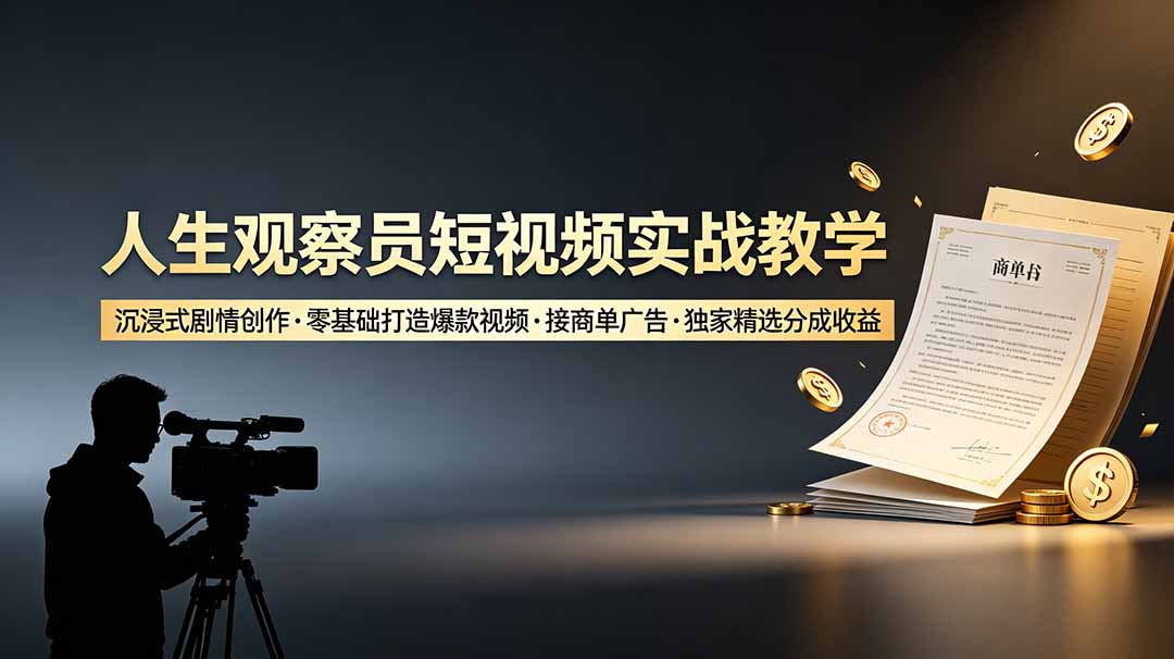 人生观察员短视频实战教学，沉浸式剧情创作，零基础打造爆款视频，接商单广告，独家精选分成收益-91副业网
