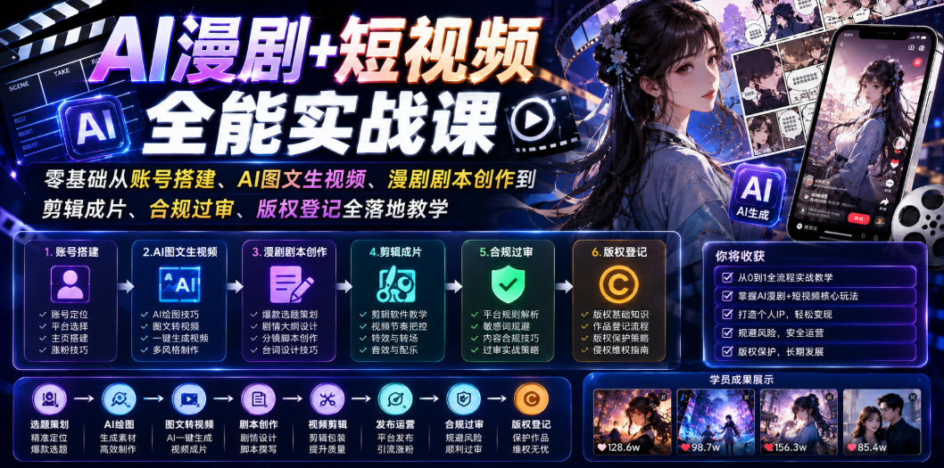 AI漫剧+短视频全能实战课｜零基础从账号搭建、AI图文生视频、漫剧剧本创作到剪辑成片、合规过审、版权登记全落地教学-91副业网