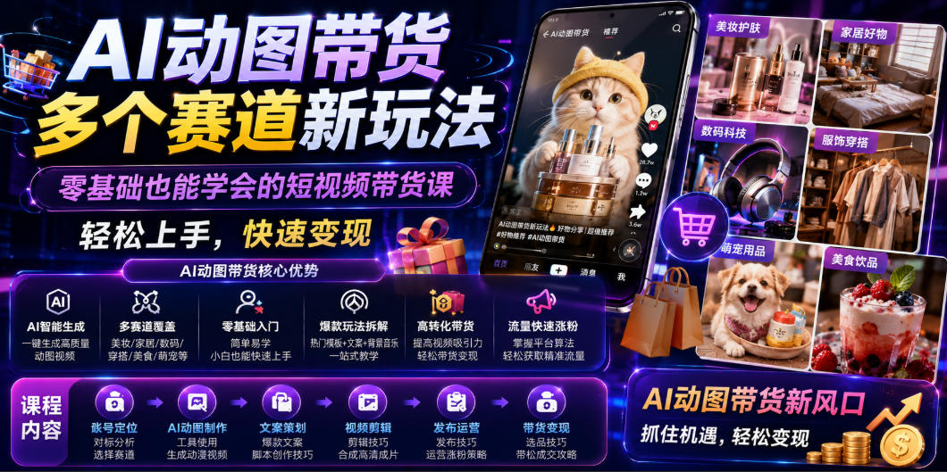 AI动图带货多个赛道新玩法，零基础也能学会的短视频带货课，轻松上手，快速变现-91副业网