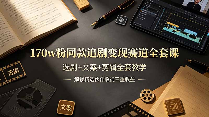 170w粉博主同款追剧变现赛道全套课，选剧+文案+剪辑全套教学，解锁精选伙伴收徒三重收益-91副业网