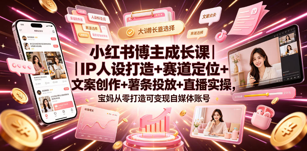 小红书博主成长课｜IP人设打造+赛道定位+文案创作+薯条投放+直播实操，宝妈从零打造可变现自媒体账号-91副业网
