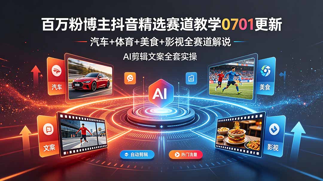 百万粉博主抖音精选赛道教学-0701更新，汽车+体育+美食+影视全赛道解说，AI剪辑文案全套实操-91副业网