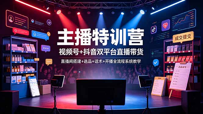 主播特训营：视频号+抖音双平台直播带货，直播间搭建+选品+话术+开播全流程系统教学-91副业网