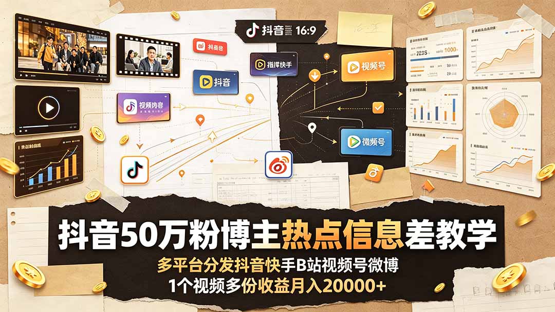 抖音50万粉博主热点信息差教学：多平台分发抖音快手B站视频号微博，1个视频多份收益月入20000+-91副业网