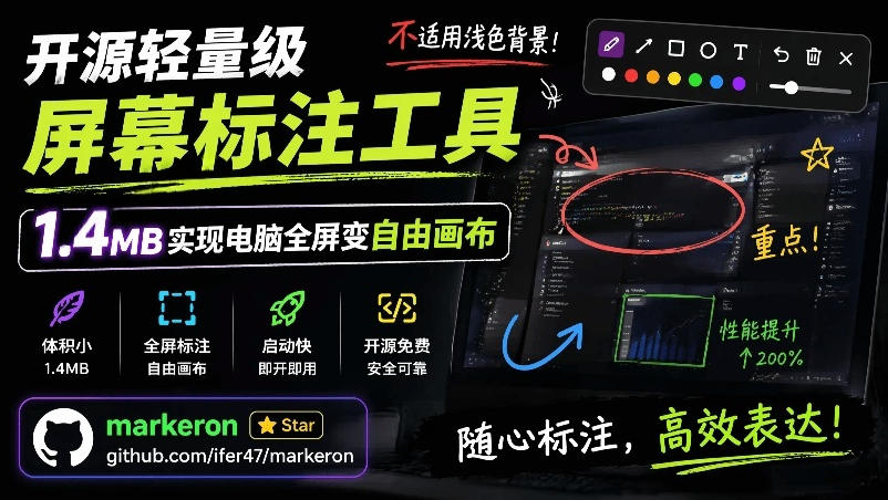 开源轻量级屏幕标注工具，1.4MB实现电脑全屏变自由画布！支持8种标注工具和全键盘操控MarkerOn-91副业网
