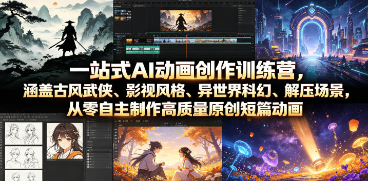 一站式AI动画创作训练营,涵盖古风武侠、影视风格、异世界科幻、解压场景,从零自主制作高质量原创短篇动画-91副业网