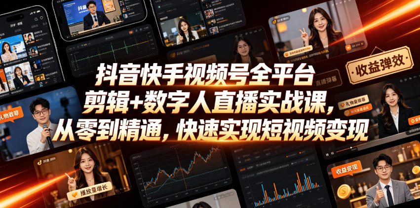 抖音快手视频号全平台剪辑+数字人直播实战课，从零到精通，快速实现短视频变现(更新2026年6月)​-91副业网