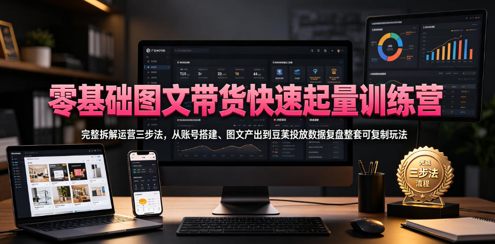 零基础图文带货快速起量训练营,完整拆解运营三步法,从账号搭建、图文产出到豆荚投放数据复盘整套可复制玩法-91副业网