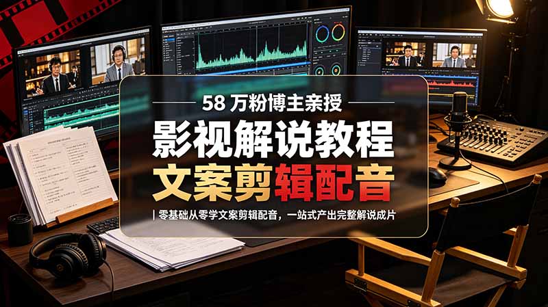 58 万粉博主荧幕春秋亲授影视解说教程|零基础从零学文案剪辑配音,一站式产出完整解说成片-91副业网