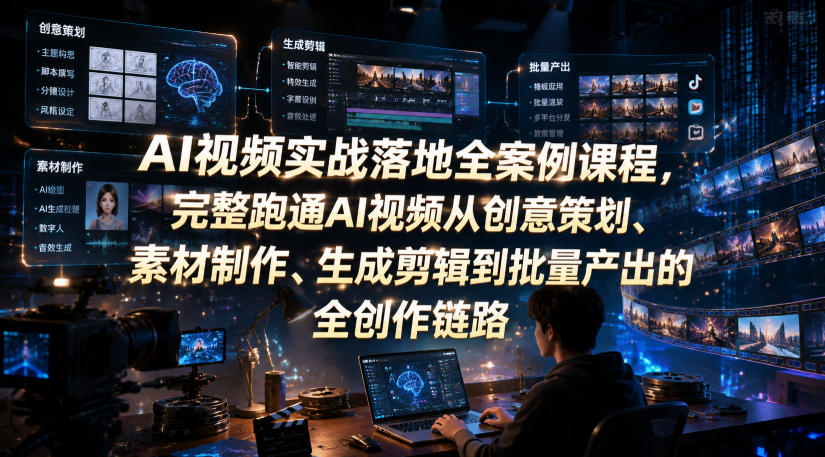 AI视频实战落地全案例课程,完整跑通AI视频从创意策划、素材制作、生成剪辑到批量产出的全创作链路-91副业网