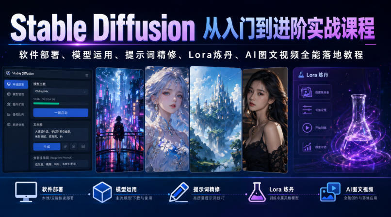 Stable Diffusion从入门到进阶实战课程|软件部署、模型运用、提示词精修、Lora炼丹、AI图文视频全能落地教程-91副业网