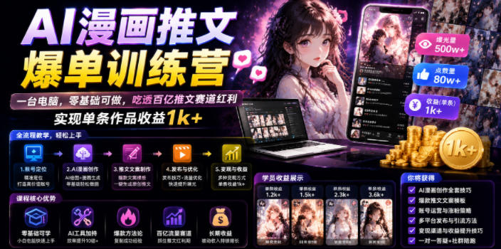 AI漫画推文爆单训练营，一台电脑，零基础可做，吃透百亿推文赛道红利，实现单条作品收益1k+-91副业网
