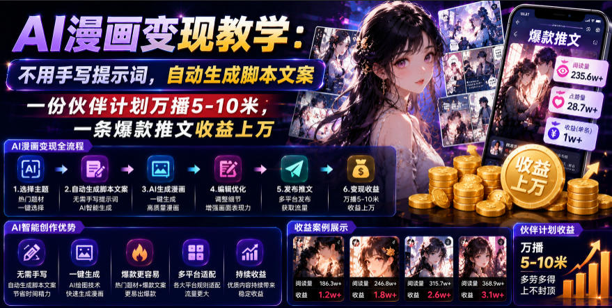 AI漫画变现教学:不用手写提示词,自动生成脚本文案,一份伙伴计划万播5-10米,一条爆款推文收益上W-91副业网
