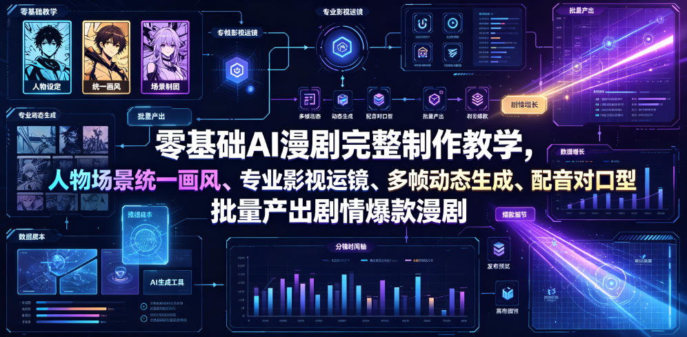 零基础AI漫剧完整制作教学，人物场景统一画风、专业影视运镜、多帧动态生成、配音对口型，批量产出剧情爆款漫剧-91副业网