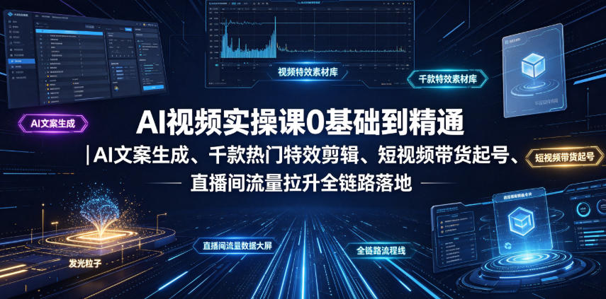 AI视频实操课0基础到精通｜AI文案生成、千款热门特效剪辑、短视频带货起号、直播间流量拉升全链路落地-91副业网