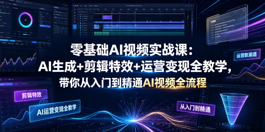 零基础AI视频实战课:AI生成+剪辑特效+运营变现全教学,带你从入门到精通AI视频全流程-91副业网