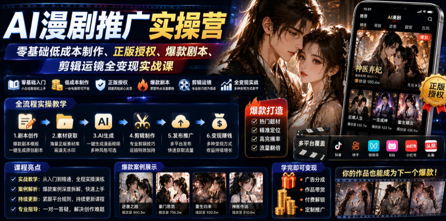 AI漫剧推广实操营｜零基础低成本制作、正版授权、爆款剧本、剪辑运镜全变现实战课-91副业网
