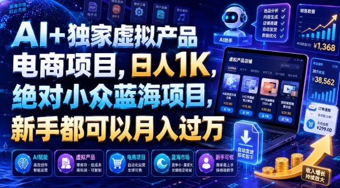 AI+独家虚拟产品电商项目，日人1K，绝对小众蓝海项目，新手都可以月入过万【揭秘】-91副业网