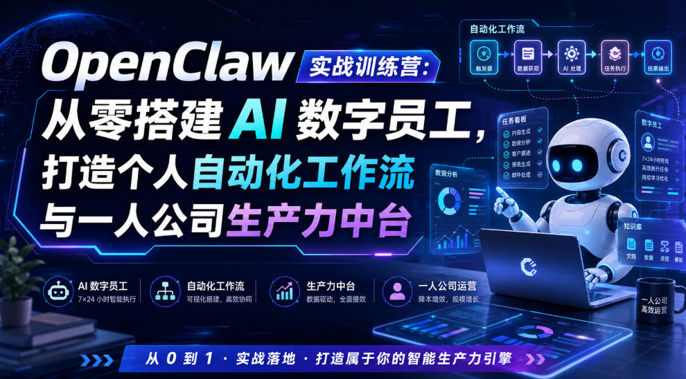 OpenClaw实战训练营：从零搭建AI数字员工，打造个人自动化工作流与一人公司生产力中台-91副业网