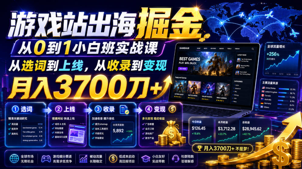 游戏站出海掘金从0到1小白实战课，从选词到上线，从收录到变现，月入3700刀+-91副业网