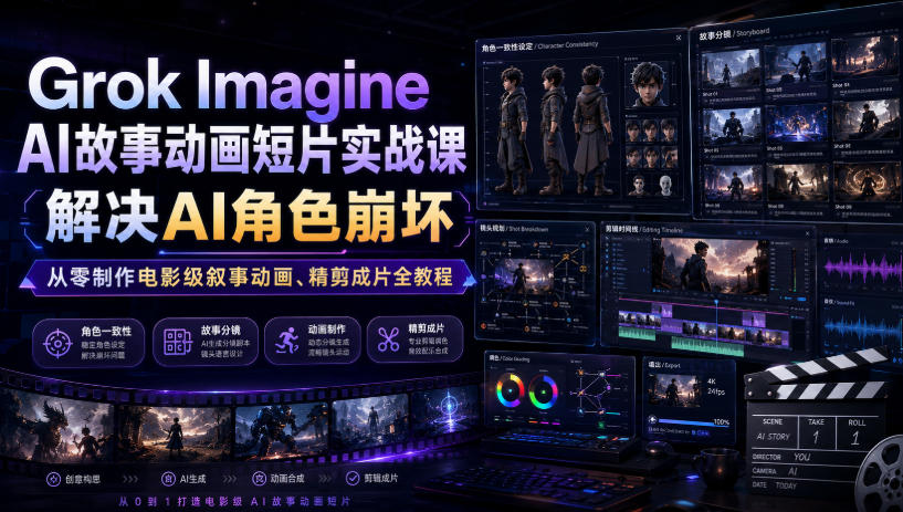 Grok Imagine AI故事动画短片实战课｜解决AI角色崩坏，从零制作电影级叙事动画、精剪成片全教程(中英字幕)-91副业网