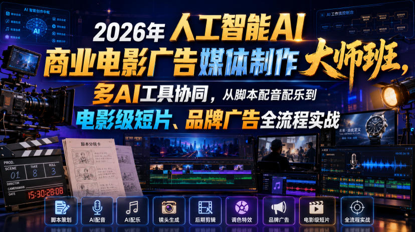 2026年人工智能AI商业电影广告媒体制作大师班，多AI工具协同，从脚本配音配乐到电影级短片、品牌广告全流程实战(中英字幕)-91副业网