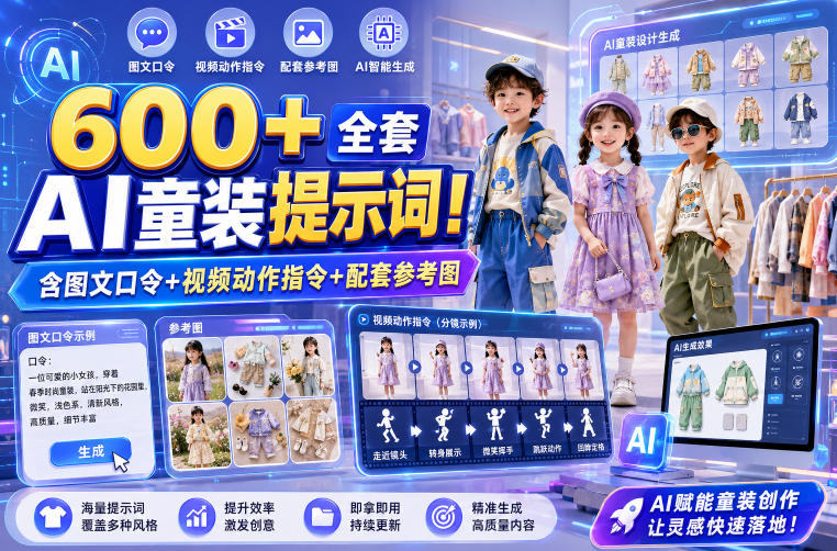 600+全套AI童装提示词！含图文口令+视频动作指令+配套参考图，Word-Excel规整分类，童装电商、种草无脑量产内容！-91副业网