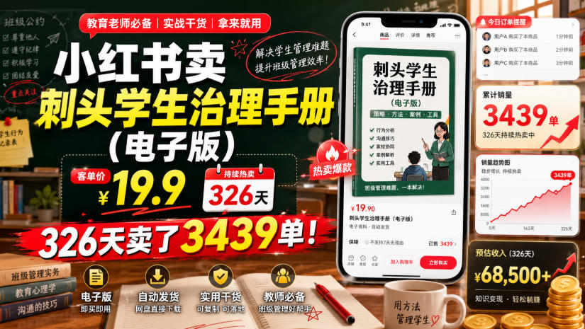 小红书卖刺头学生治理手册(电子版)，客单价19.9，326天卖了3439单！-91副业网